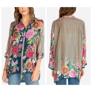 NWOT Johnny Was Jenna Silk Blouse Button Down Top Floral Pink Navy Size Medium